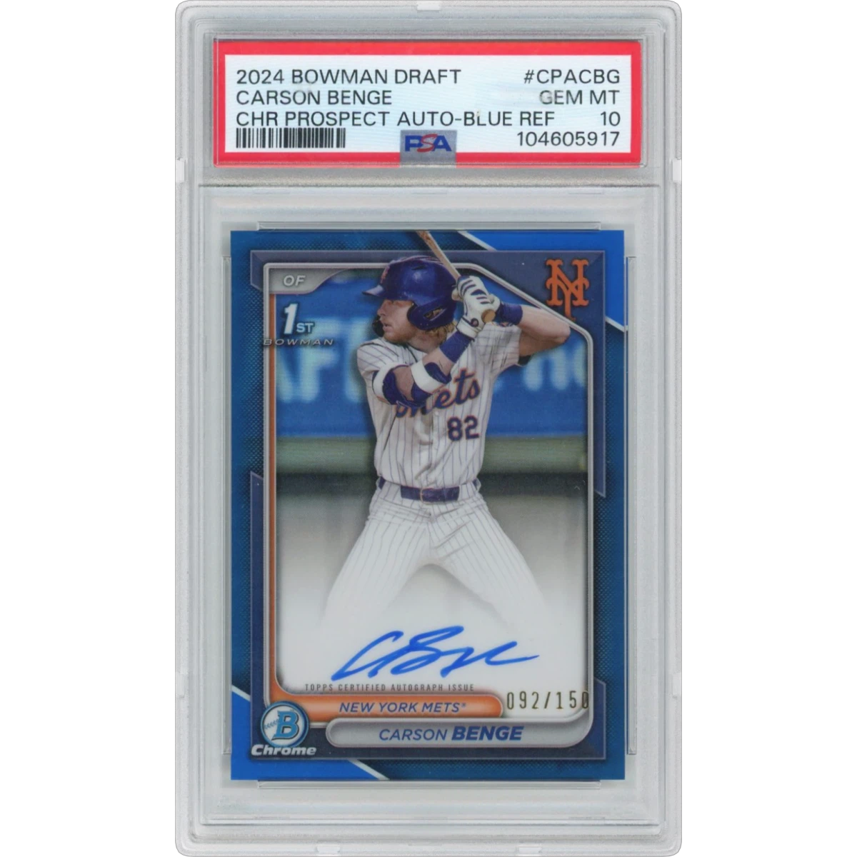 2024 Bowman Draft Chrome Prospect Autographs #CPACBG Carson Benge - Blue Refractor, PSA 10