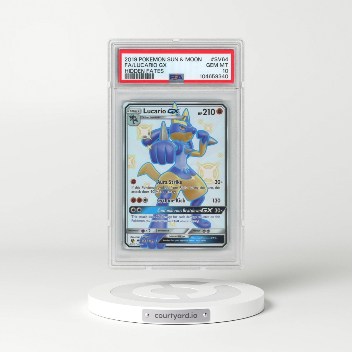 2019 Pokémon Sun & Moon Hidden Fates #SV64 Lucario GX - Holo Full Art (PSA 10 GEM MINT)