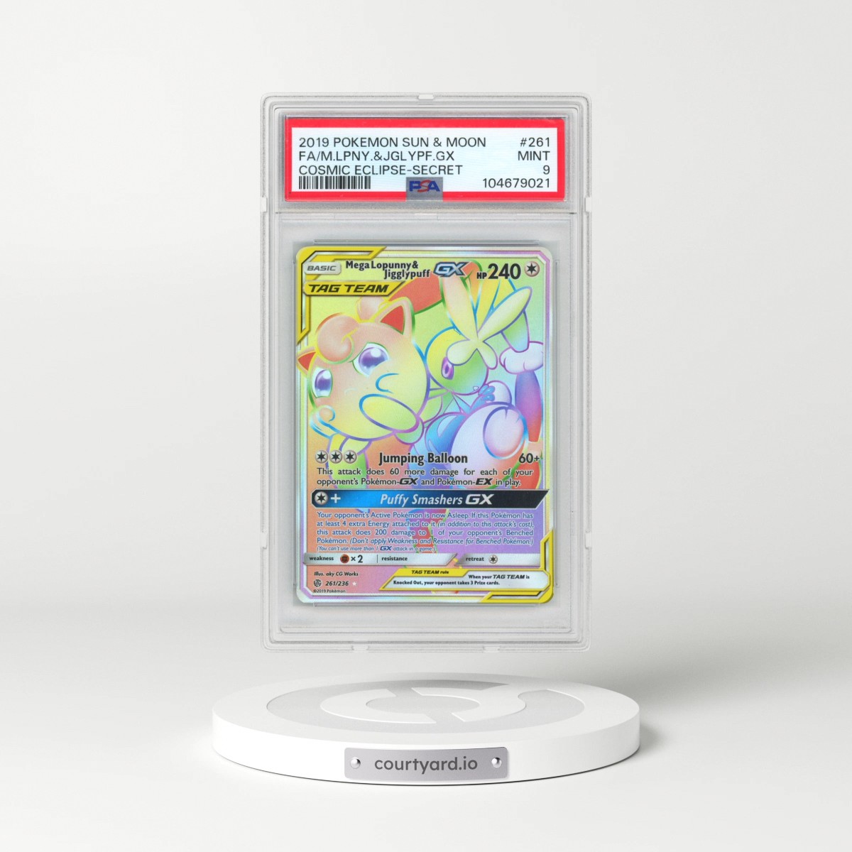 2019 Pokémon Sun & Moon Cosmic Eclipse #261 Mega-Lopunny & Jigglypuff GX - Holo Full Art Secret (PSA 9 MINT)