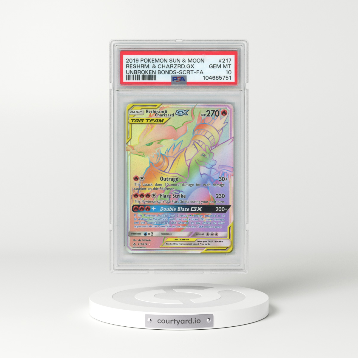 2019 Pokémon Sun & Moon Unbroken Bonds #217 Reshiram & Charizard GX - Holo Full Art Secret (PSA 10 GEM MINT)