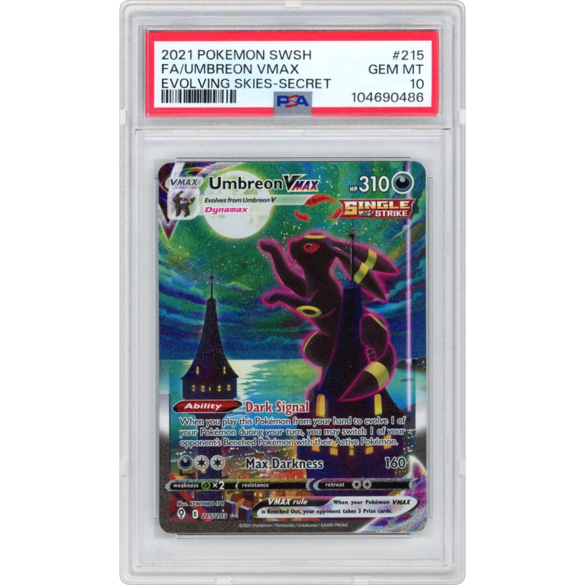 2021 Pokémon Sword & Shield Evolving Skies #215 Umbreon Vmax - Full Art Secret (PSA 10 GEM MINT)