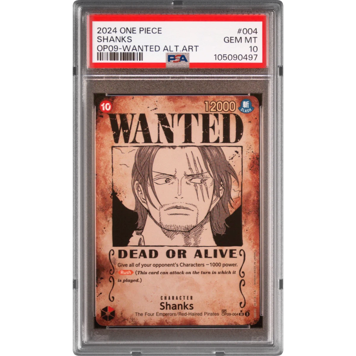 2024 One Piece OP09-Emperors in the New World #004 Shanks - Wanted Alternate Art (PSA 10 GEM MINT)