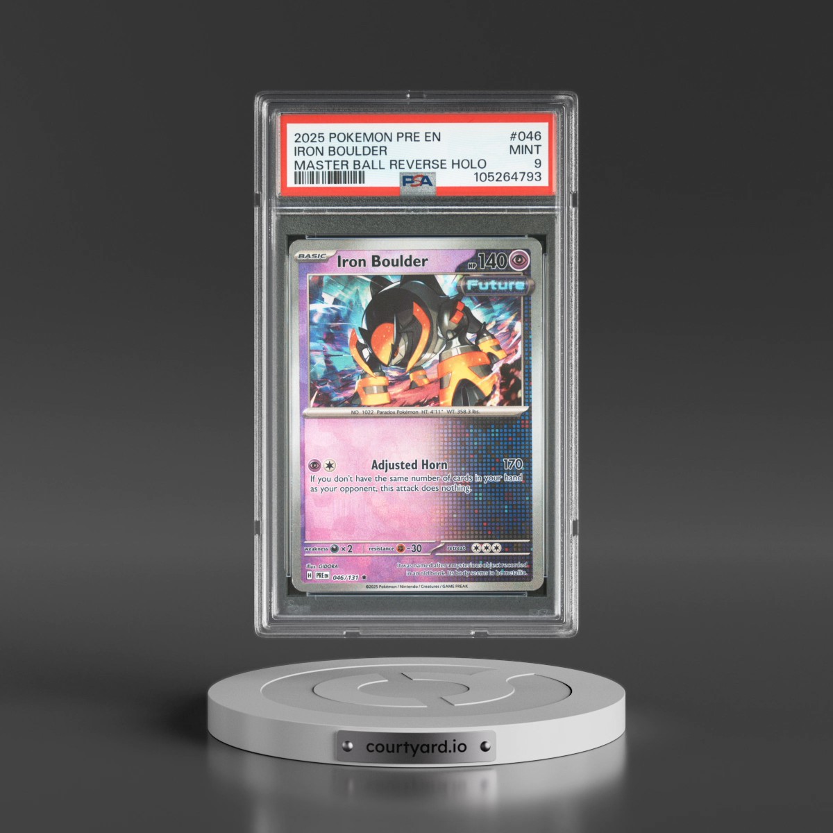 2025 Pokémon Pre EN-Prismatic Evolutions #046 Iron Boulder - Reverse Holo Master Ball (PSA 9 MINT)