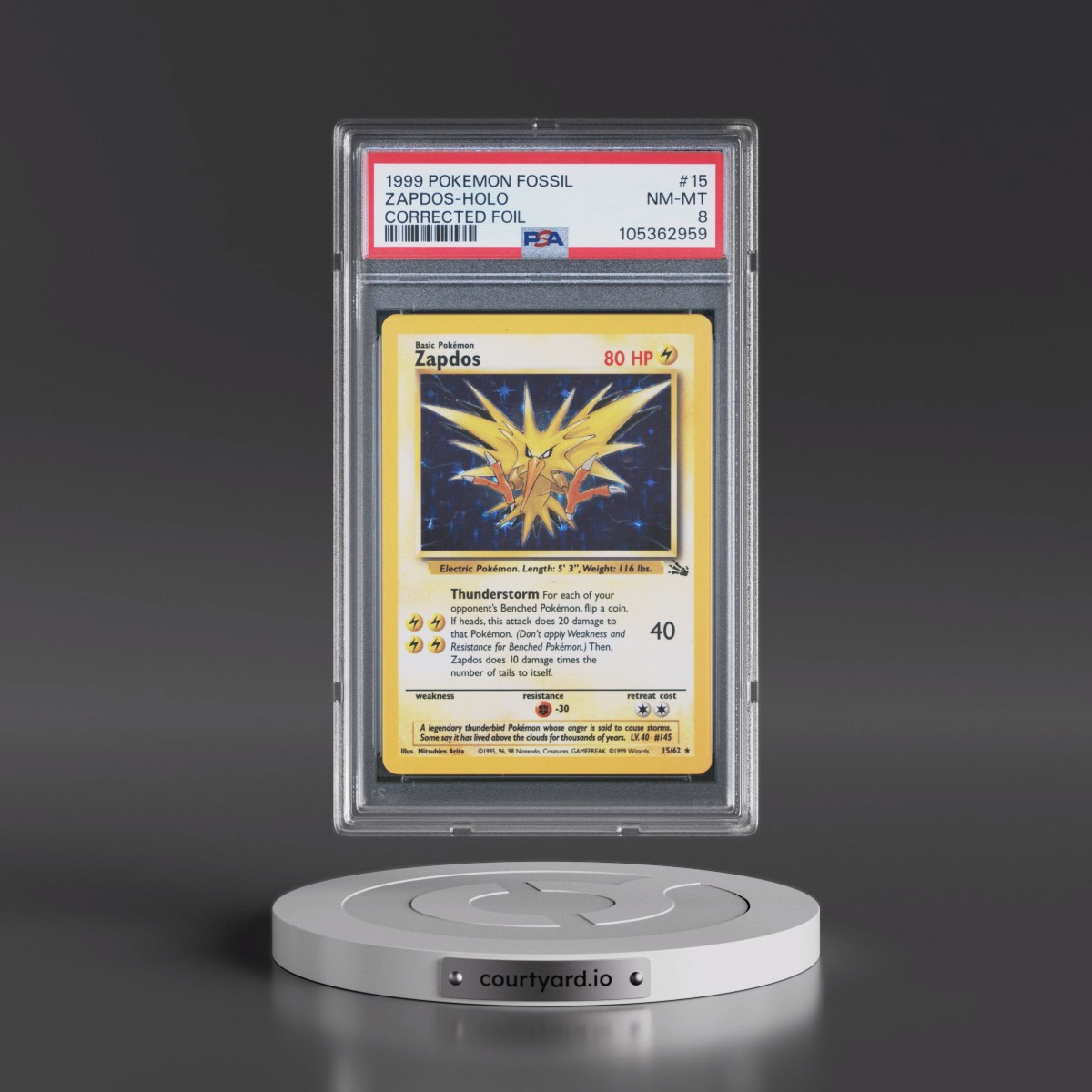 1999 Pokémon Fossil #15 Zapdos - Holo Corrected Foil (PSA 8 NM-MT)