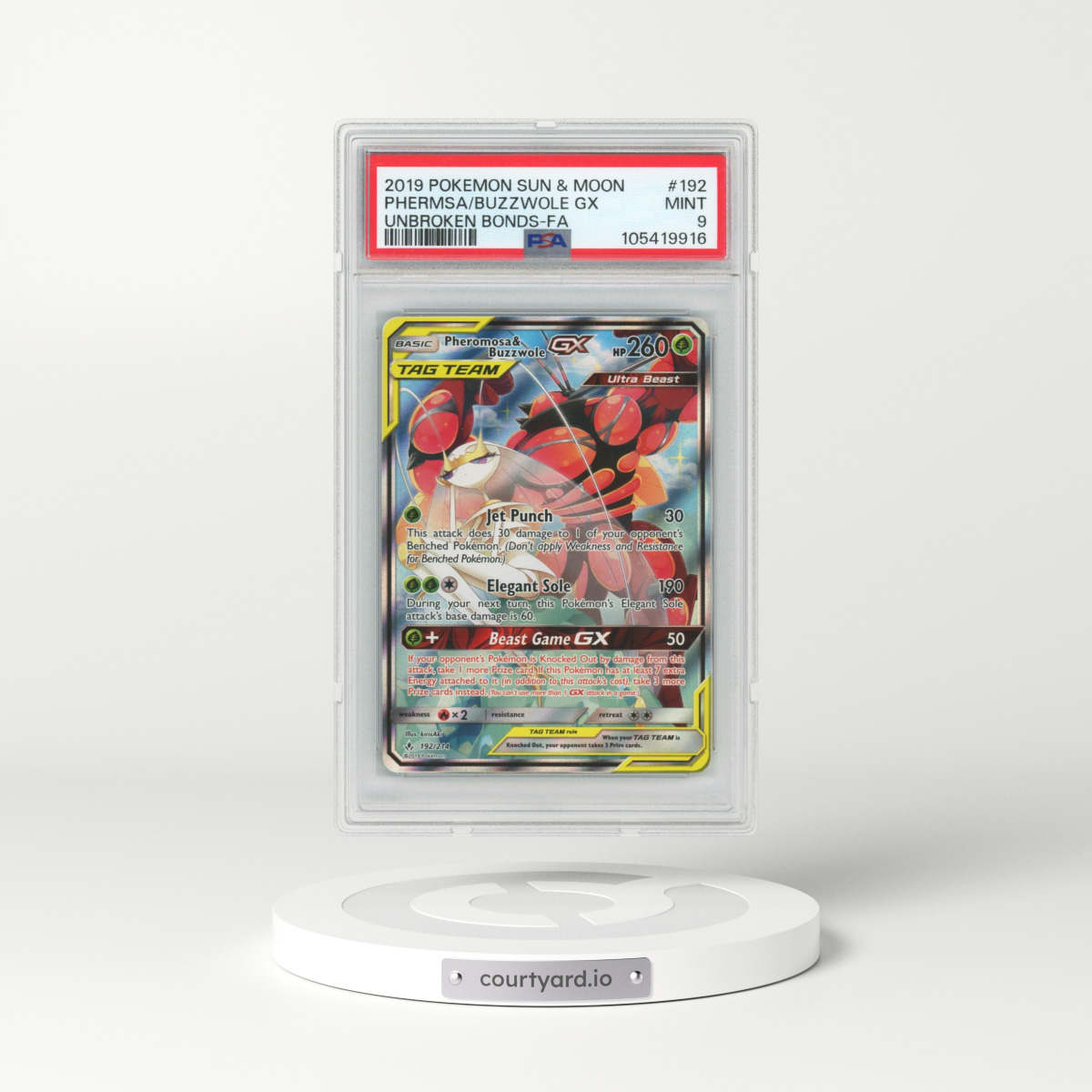 2019 Pokémon Sun & Moon Unbroken Bonds #192 Pheromosa & Buzzwole GX - Holo Full Art (PSA 9 MINT)