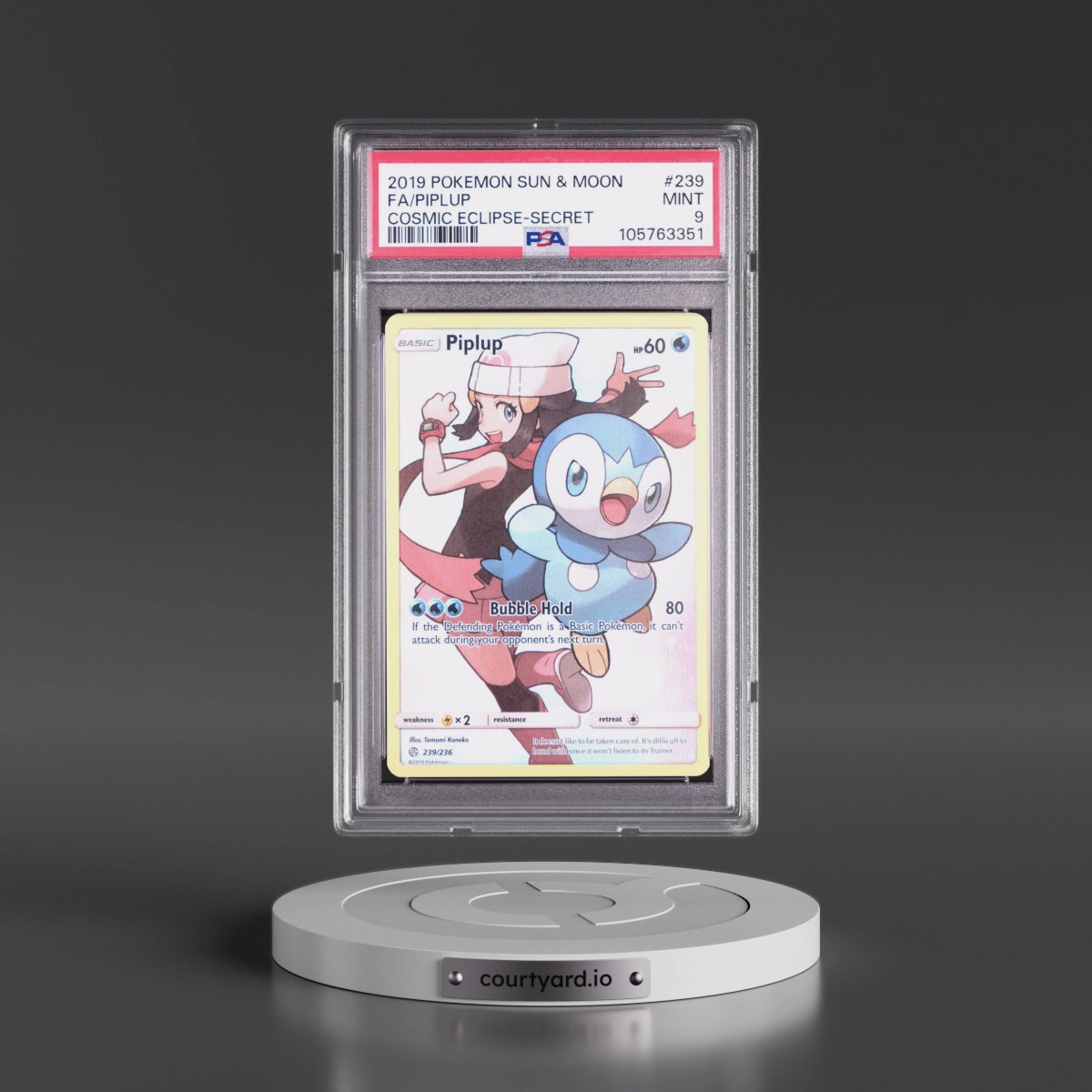 2019 Pokémon Sun & Moon Cosmic Eclipse #239 Piplup - Full Art Secret (PSA 9 MINT)