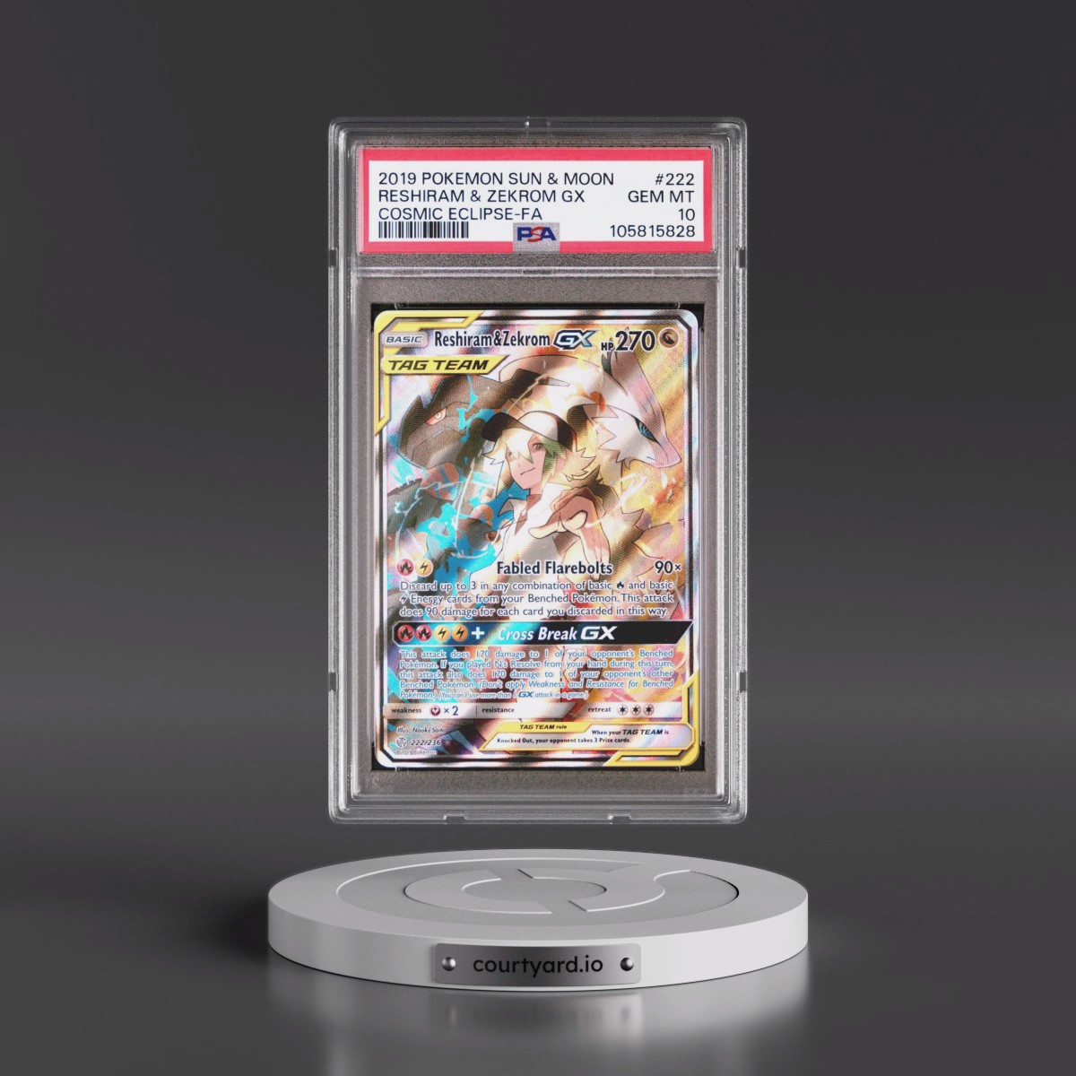 2019 Pokémon Sun & Moon Cosmic Eclipse #222 Reshiram & Zekrom GX - Holo Full Art (PSA 10 GEM MINT)