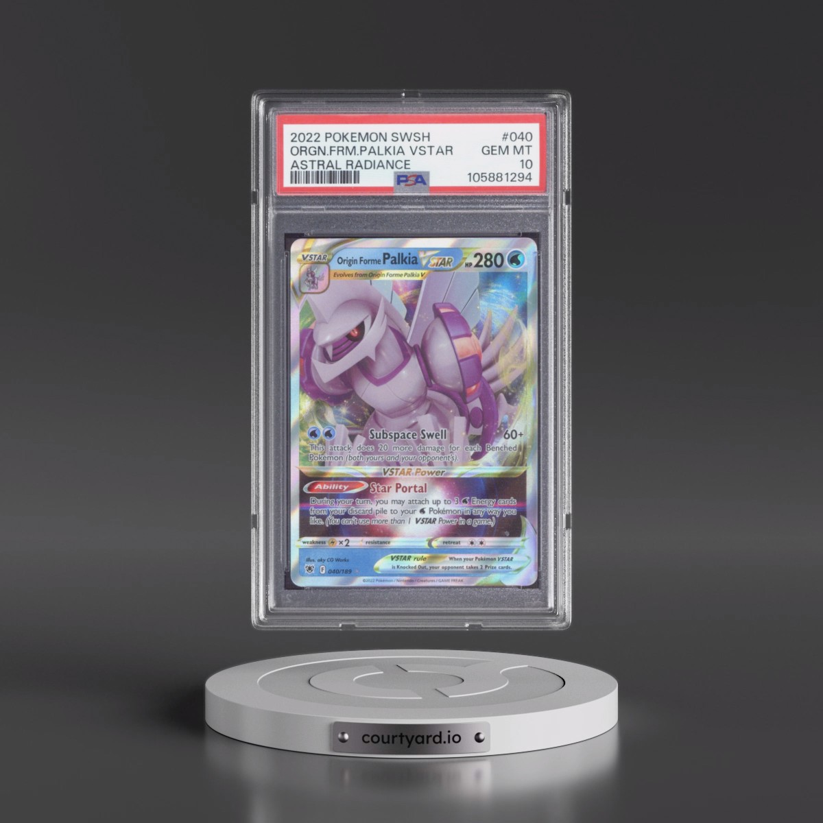 2022 Pokémon Sword & Shield Astral Radiance #040 Origin Forme Palkia Vstar (PSA 10 GEM MINT)