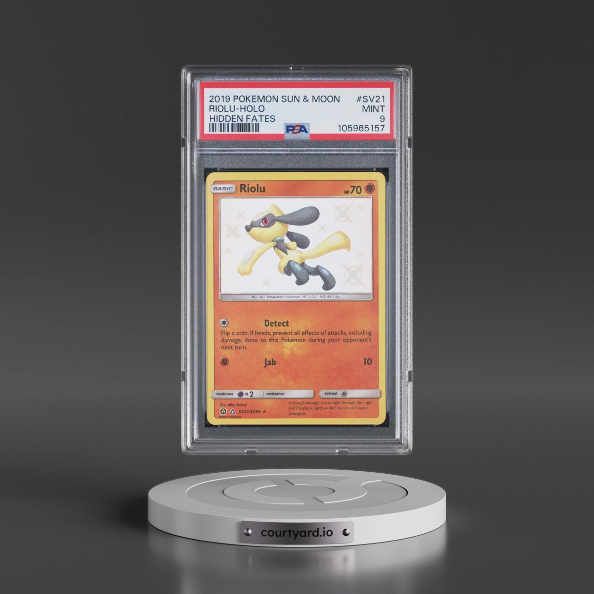 2019 Pokémon Sun & Moon Hidden Fates #SV21 Riolu - Holo (PSA 9 MINT)