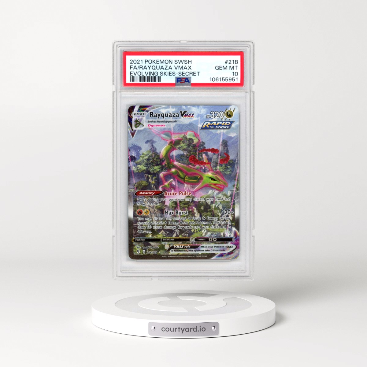 2021 Pokémon Sword & Shield Evolving Skies #218 Rayquaza Vmax - Full Art Secret (PSA 10 GEM MINT)