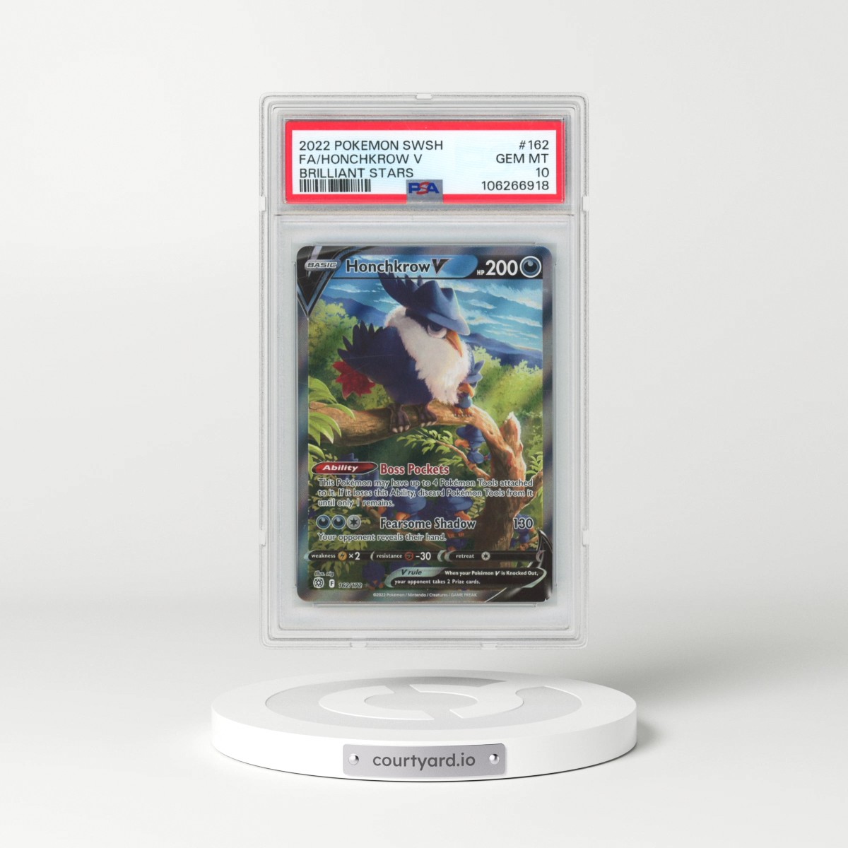 2022 Pokémon Sword & Shield Brilliant Stars #162 Honchkrow V - Holo Full Art (PSA 10 GEM MINT)