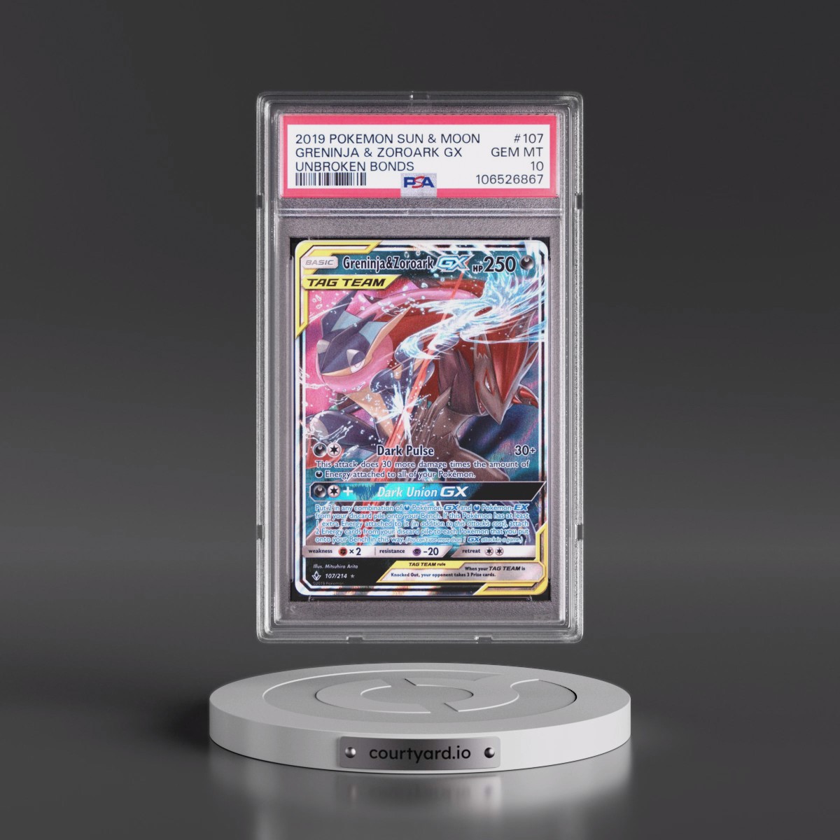 2019 Pokémon Sun & Moon Unbroken Bonds #107 Greninja & Zoroark GX - Holo (PSA 10 GEM MINT)
