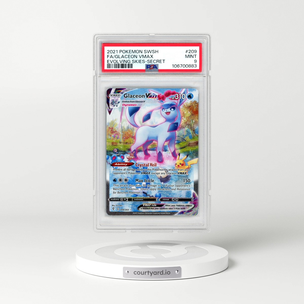 2021 Pokémon Sword & Shield Evolving Skies #209 Glaceon Vmax - Full Art Secret (PSA 9 MINT)