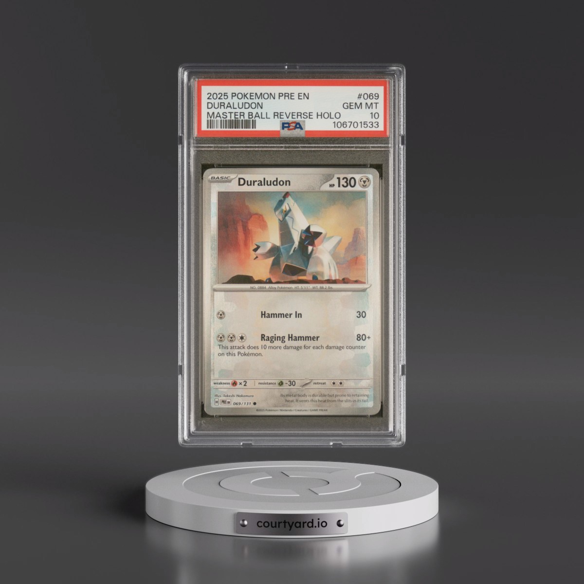 2025 Pokémon Pre EN-Prismatic Evolutions #069 Duraludon - Reverse Holo Master Ball (PSA 10 GEM MINT)