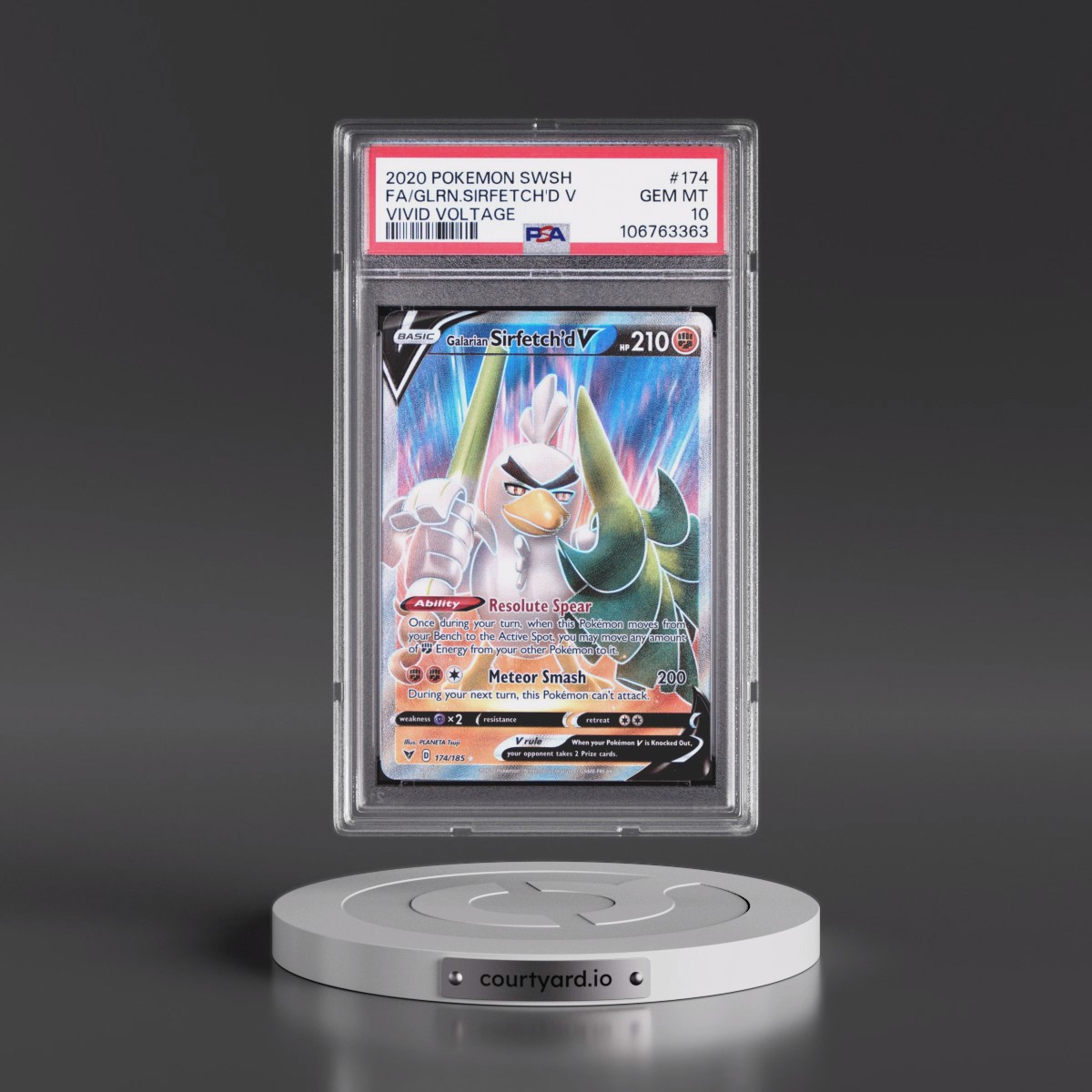 2020 Pokémon Sword & Shield Vivid Voltage #174 Galarian Sirfetch'd V - Holo Full Art (PSA 10 GEM MINT)