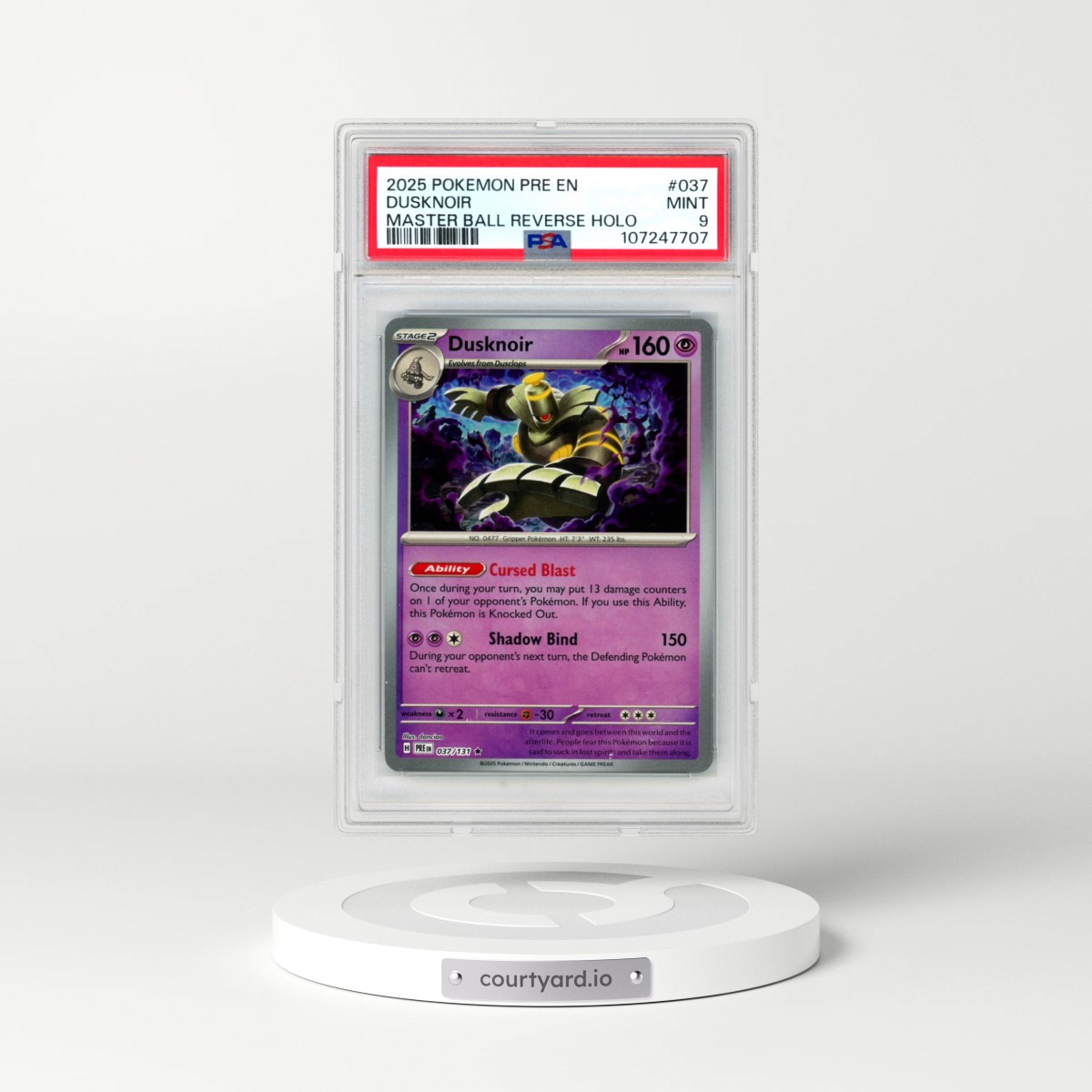 2025 Pokémon Pre EN-Prismatic Evolutions #037 Dusknoir - Reverse Holo Master Ball (PSA 9 MINT)