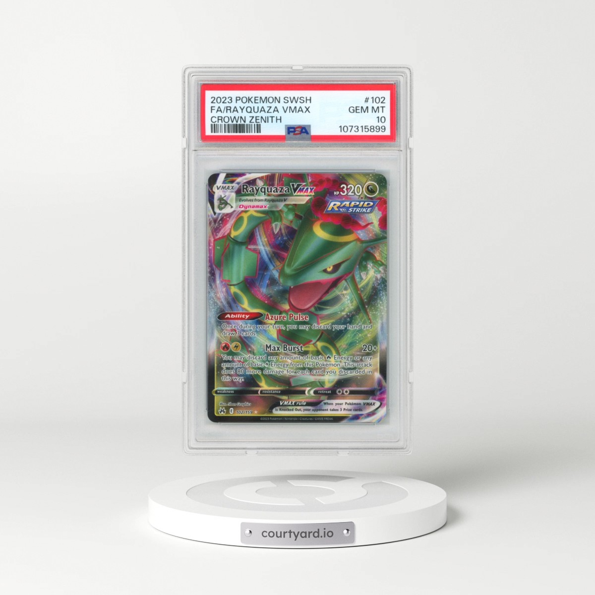 2023 Pokémon Sword and Shield Crown Zenith #102 Rayquaza Vmax - Full Art (PSA 10 GEM MINT)