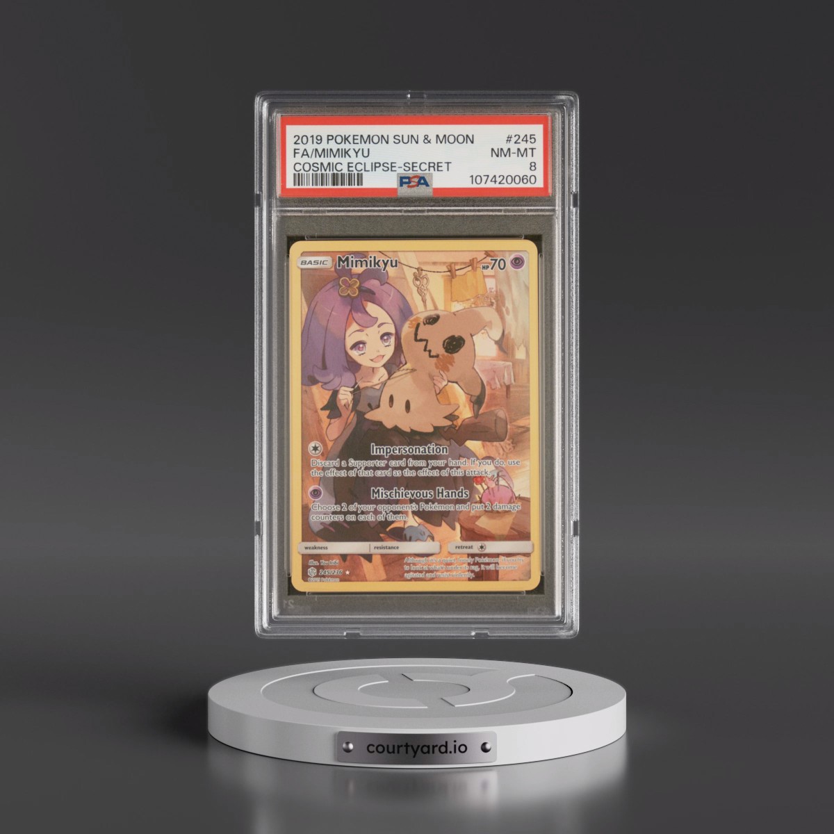 2019 Pokémon Sun & Moon Cosmic Eclipse #245 Mimikyu - Full Art Secret (PSA 8 NM-MT)