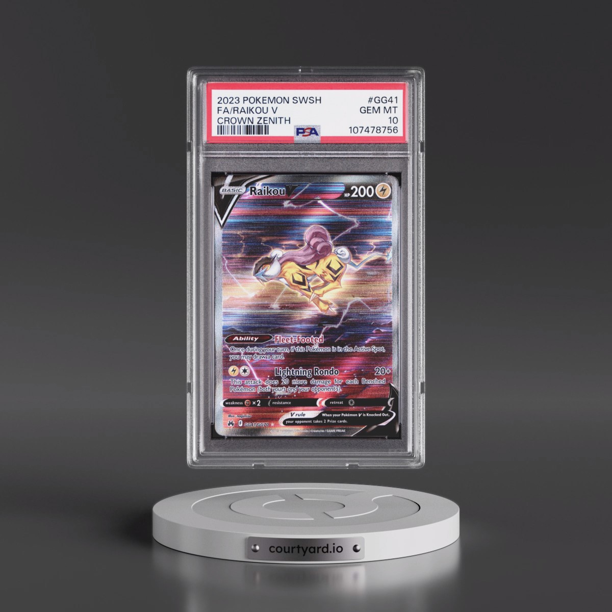 2023 Pokémon Sword and Shield Crown Zenith #GG41 Raikou V - Holo Full Art (PSA 10 GEM MINT)
