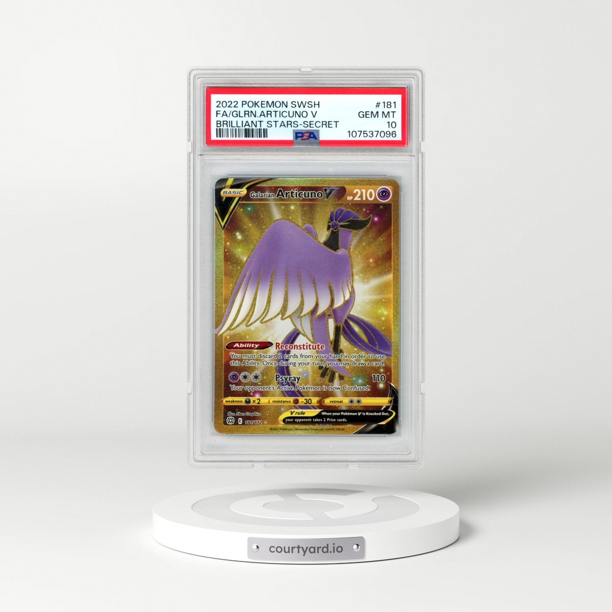 2022 Pokémon Sword & Shield Brilliant Stars #181 Galarian Articuno V - Holo Full Art Secret (PSA 10 GEM MINT)