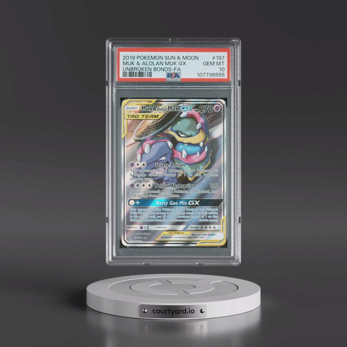 2019 Pokémon Sun & Moon Unbroken Bonds #197 Muk & Alolan Muk GX - Holo Full Art (PSA 10 GEM MINT)