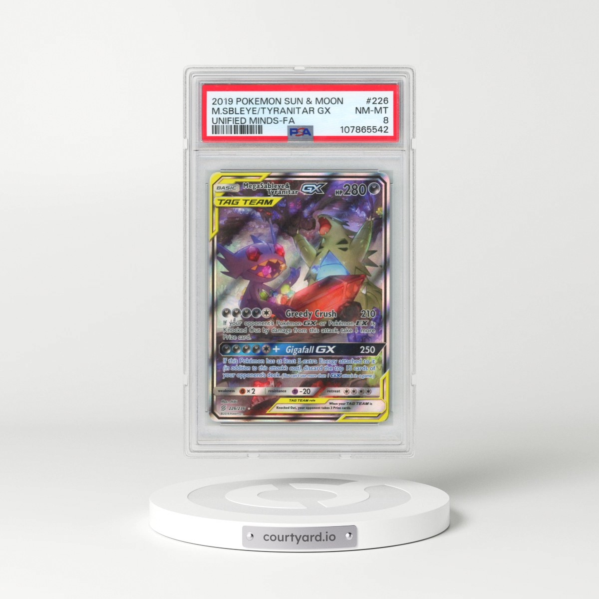2019 Pokémon Sun & Moon Unified Minds #226 Mega Sableye & Tyranitar GX - Holo Full Art (PSA 8 NM-MT)