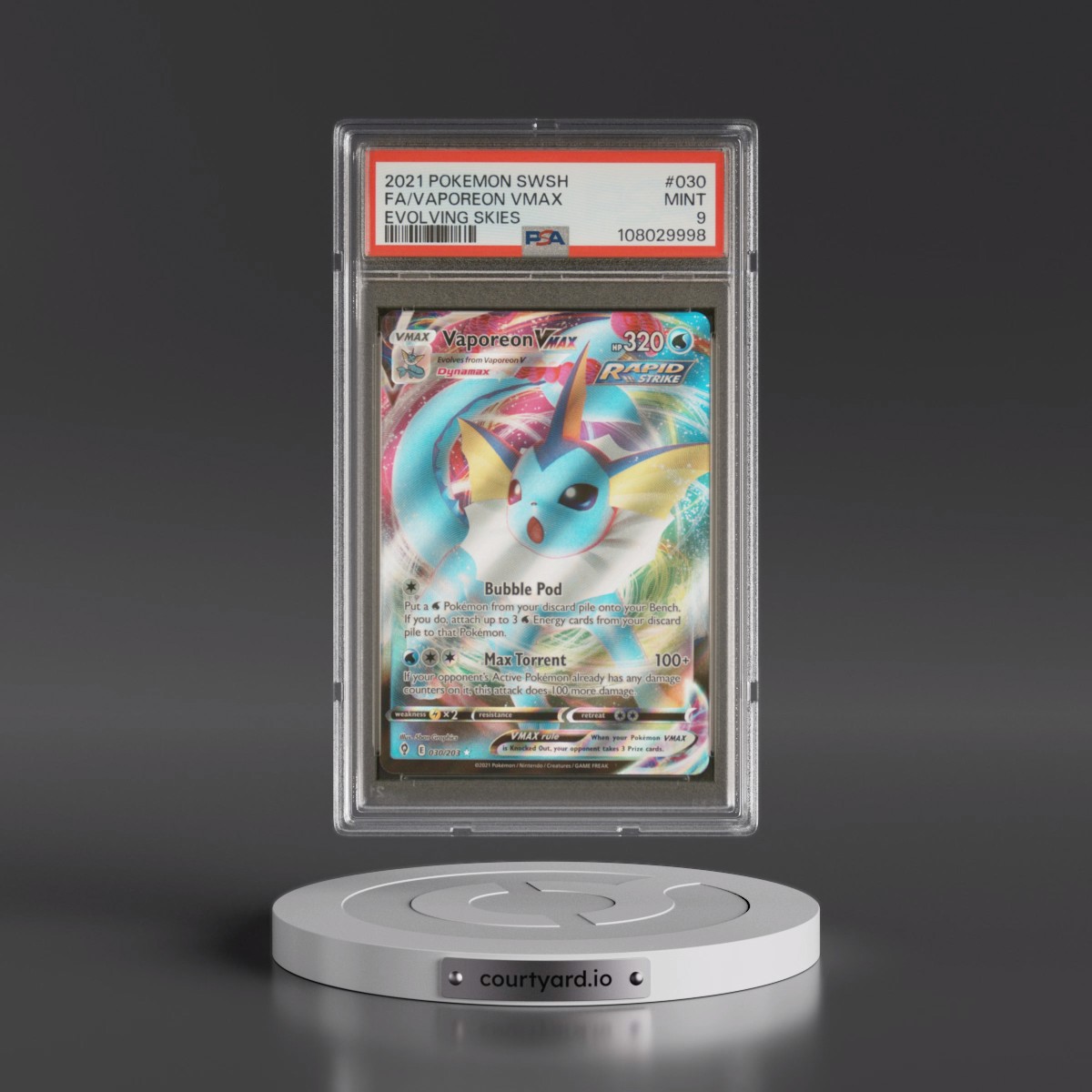 2021 Pokémon Sword & Shield Evolving Skies #030 Vaporeon Vmax - Full Art (PSA 9 MINT)