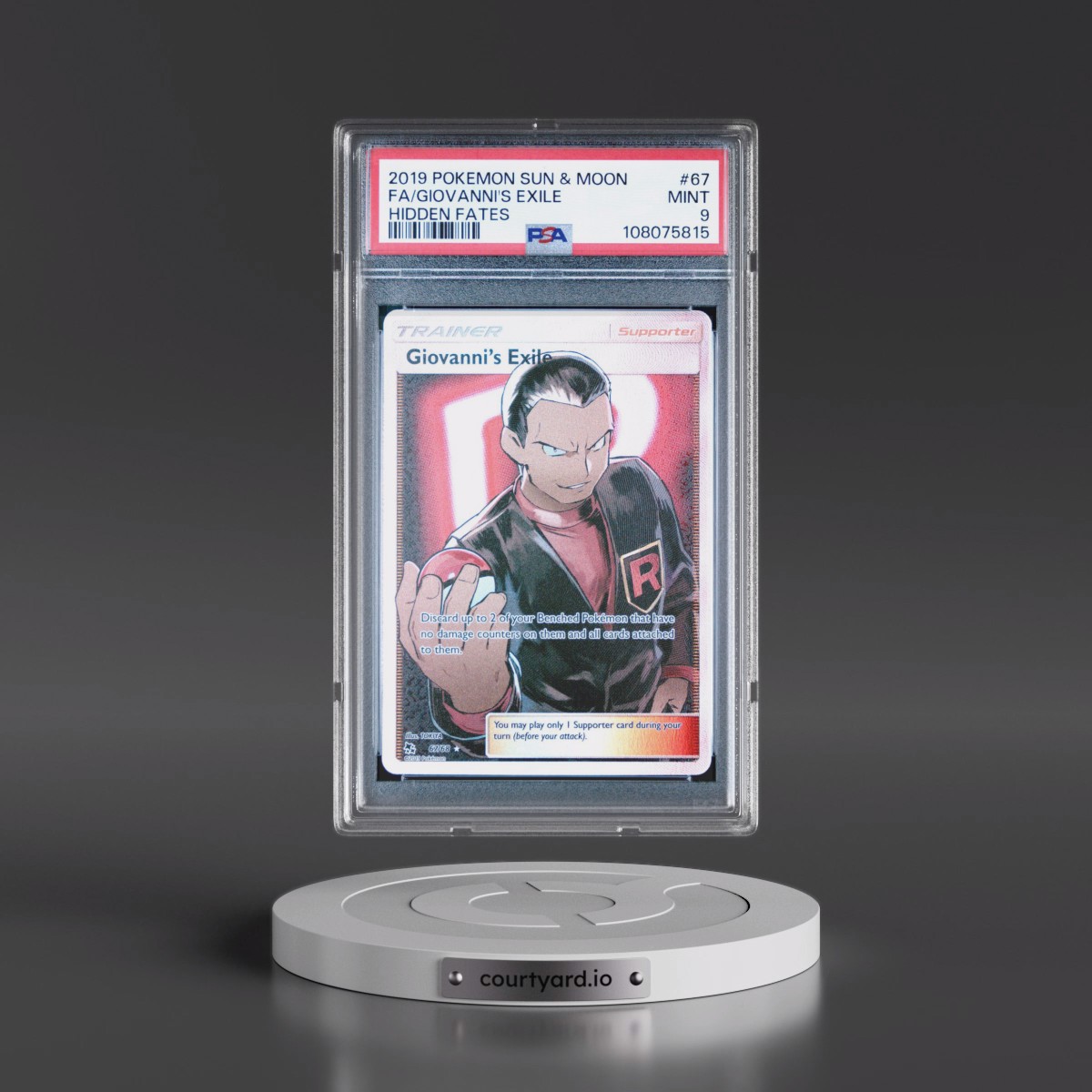 2019 Pokémon Sun & Moon Hidden Fates #67 Giovanni's Exile - Full Art (PSA 9 MINT)