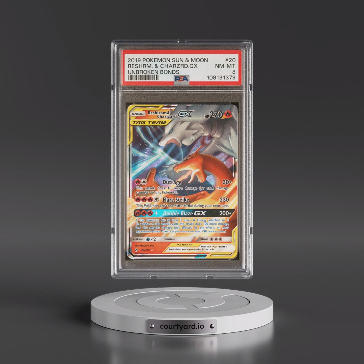 2019 Pokémon Sun & Moon Unbroken Bonds #20 Reshiram & Charizard GX - Holo (PSA 8 NM-MT)