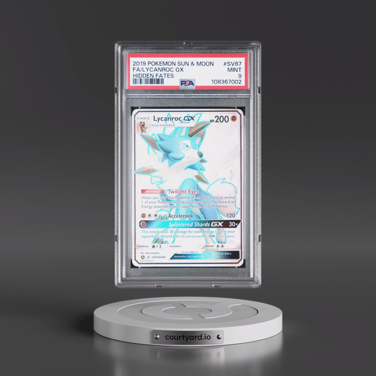 2019 Pokémon Sun & Moon Hidden Fates #SV67 Lycanroc GX - Holo Full Art (PSA 9 MINT)