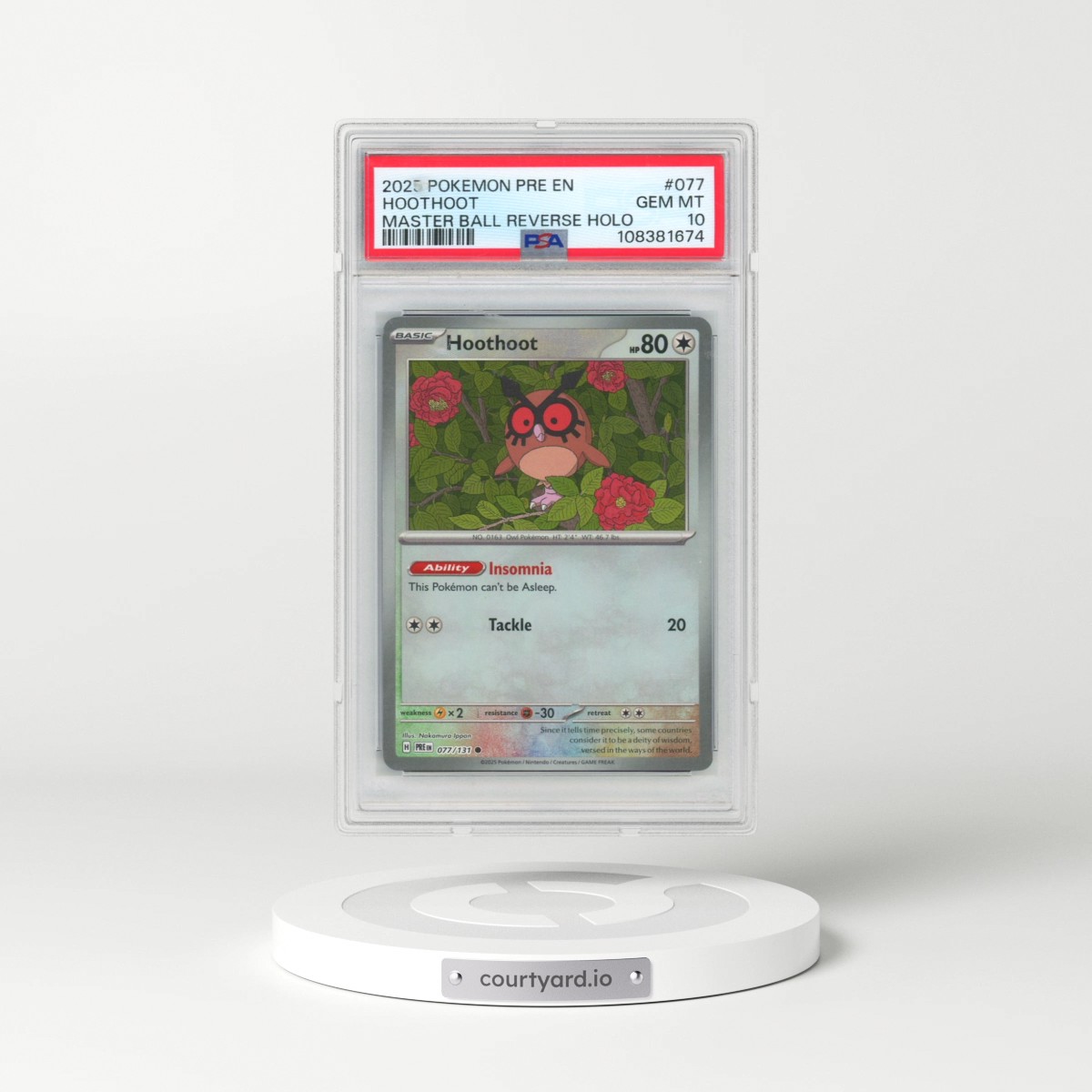 2025 Pokémon Pre EN-Prismatic Evolutions #077 Hoothoot - Reverse Holo Master Ball (PSA 10 GEM MINT)