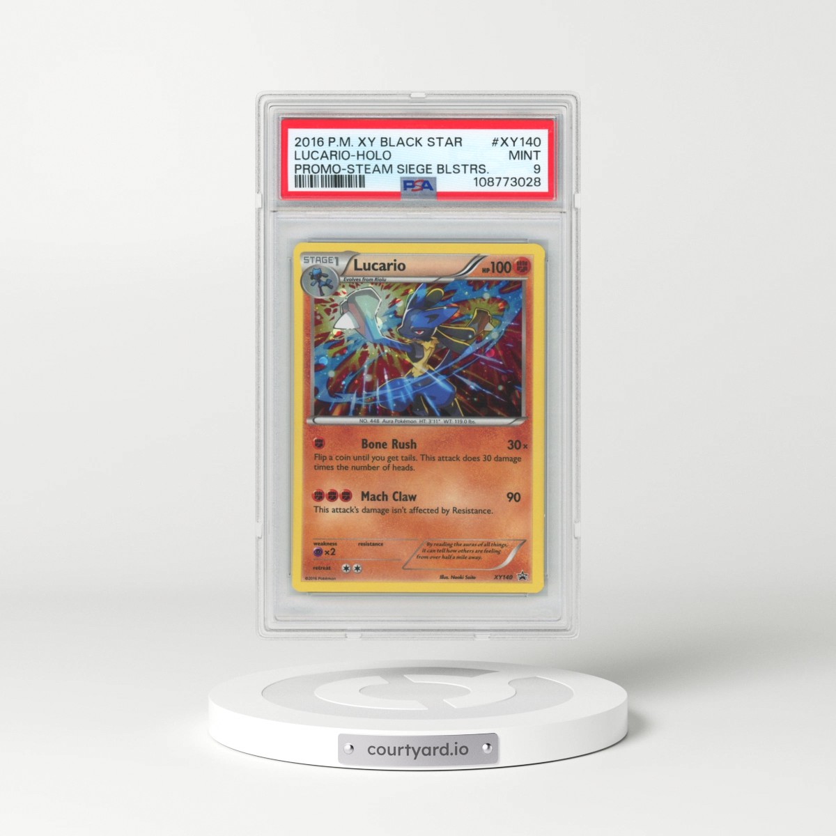 2016 Pokémon XY Black Star Promo #XY140 Lucario - Holo Steam Siege Blisters (PSA 9 MINT)