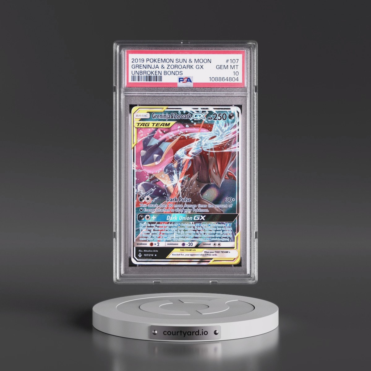 2019 Pokémon Sun & Moon Unbroken Bonds #107 Greninja & Zoroark GX - Holo (PSA 10 GEM MINT)
