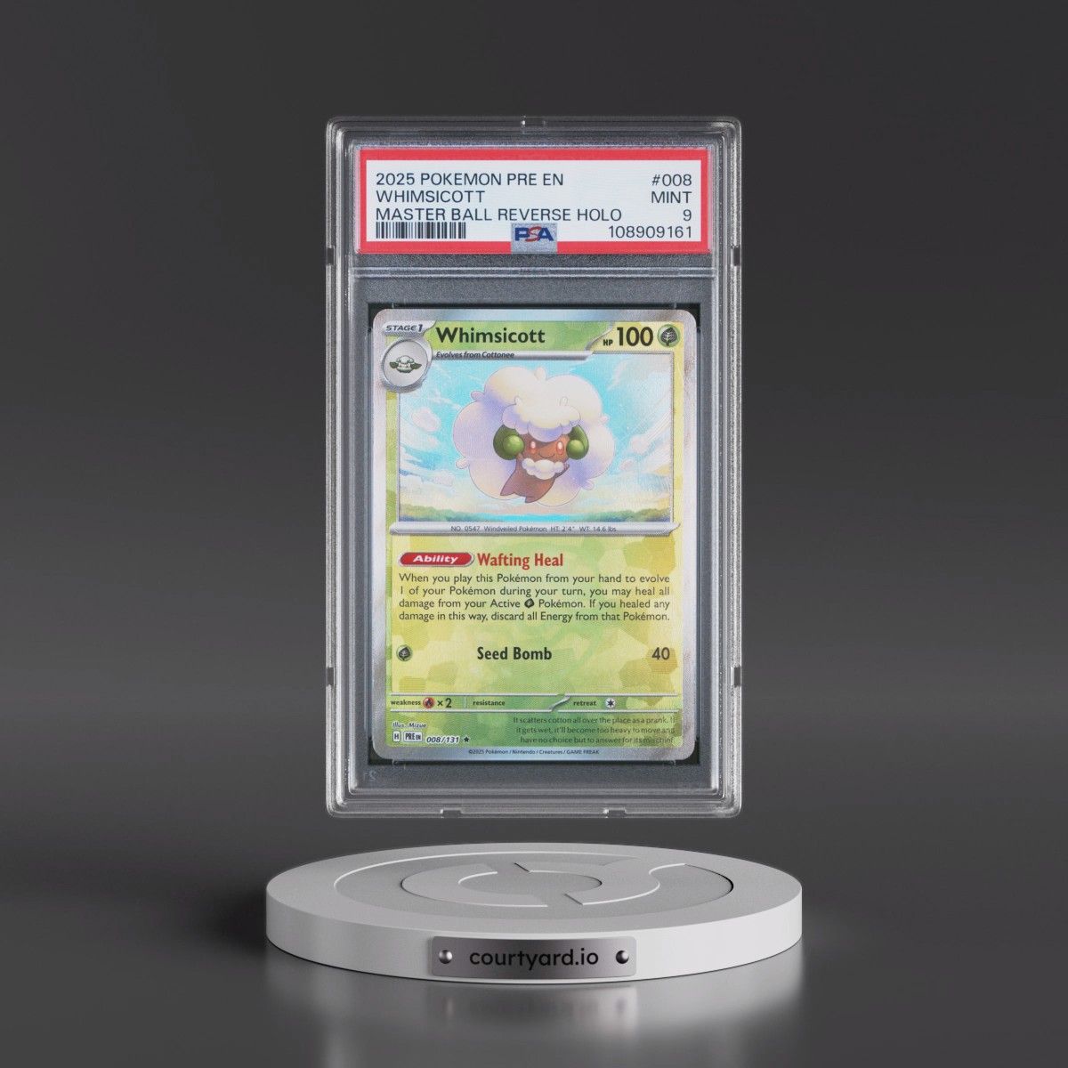2025 Pokémon Pre EN-Prismatic Evolutions #008 Whimsicott - Reverse Holo Master Ball (PSA 9 MINT)