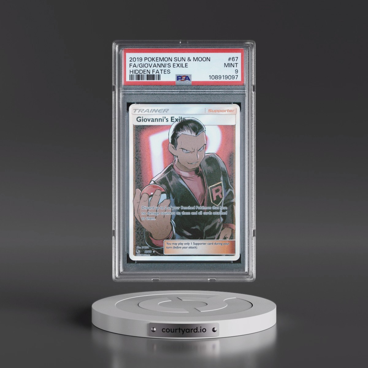 2019 Pokémon Sun & Moon Hidden Fates #67 Giovanni's Exile - Full Art (PSA 9 MINT)