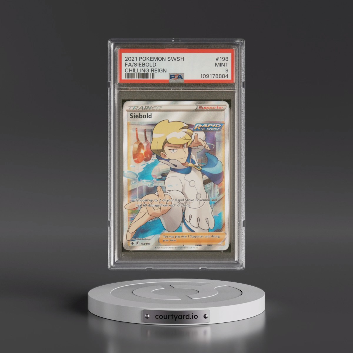 2021 Pokémon Sword & Shield Chilling Reign #198 Siebold - Full Art (PSA 9 MINT)