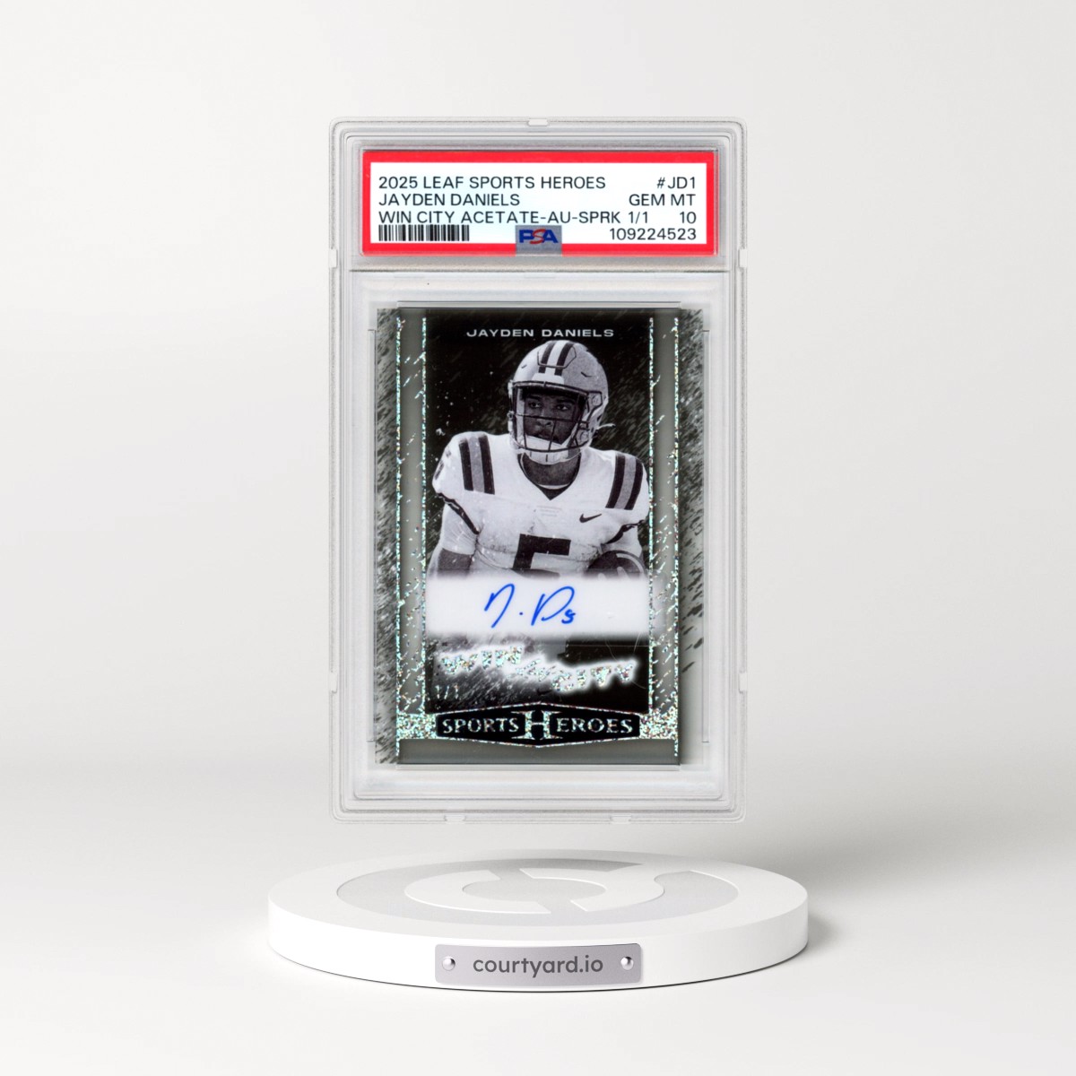 2025 Leaf Metal Sports Heroes Win City Acetate #JD1 Jayden Daniels - Autograph-Sparkle 1/1 (PSA 10 GEM MINT)