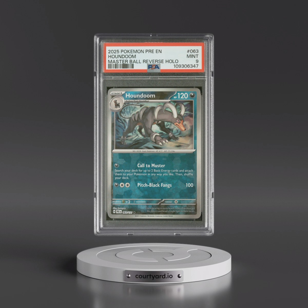 2025 Pokémon Pre EN-Prismatic Evolutions #063 Houndoom - Reverse Holo Master Ball (PSA 9 MINT)