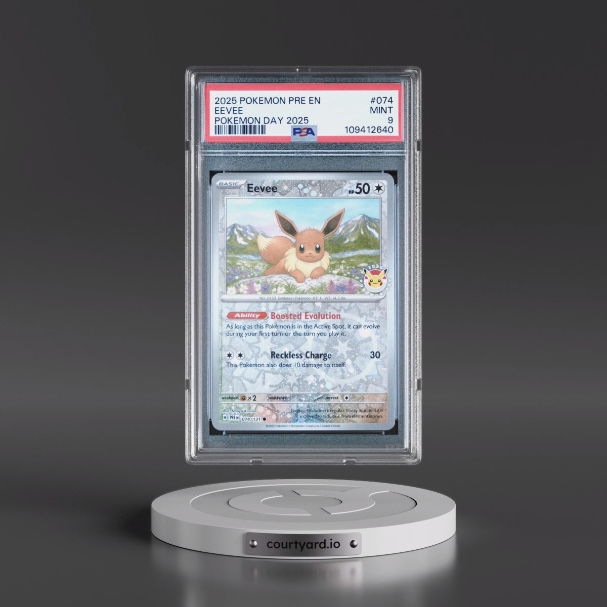 2025 Pokémon Pre EN-Prismatic Evolutions #074 Eevee - Pokemon Day 2025 (PSA 9 MINT)