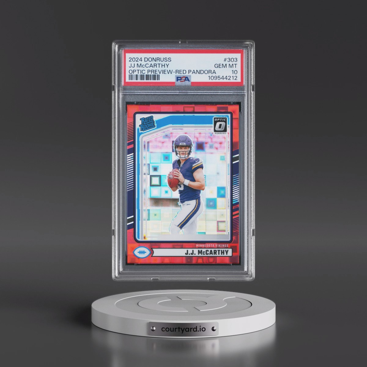 2024 Panini Donruss #303 JJ McCarthy - Optic Preview-Red Pandora (PSA 10 GEM MINT)