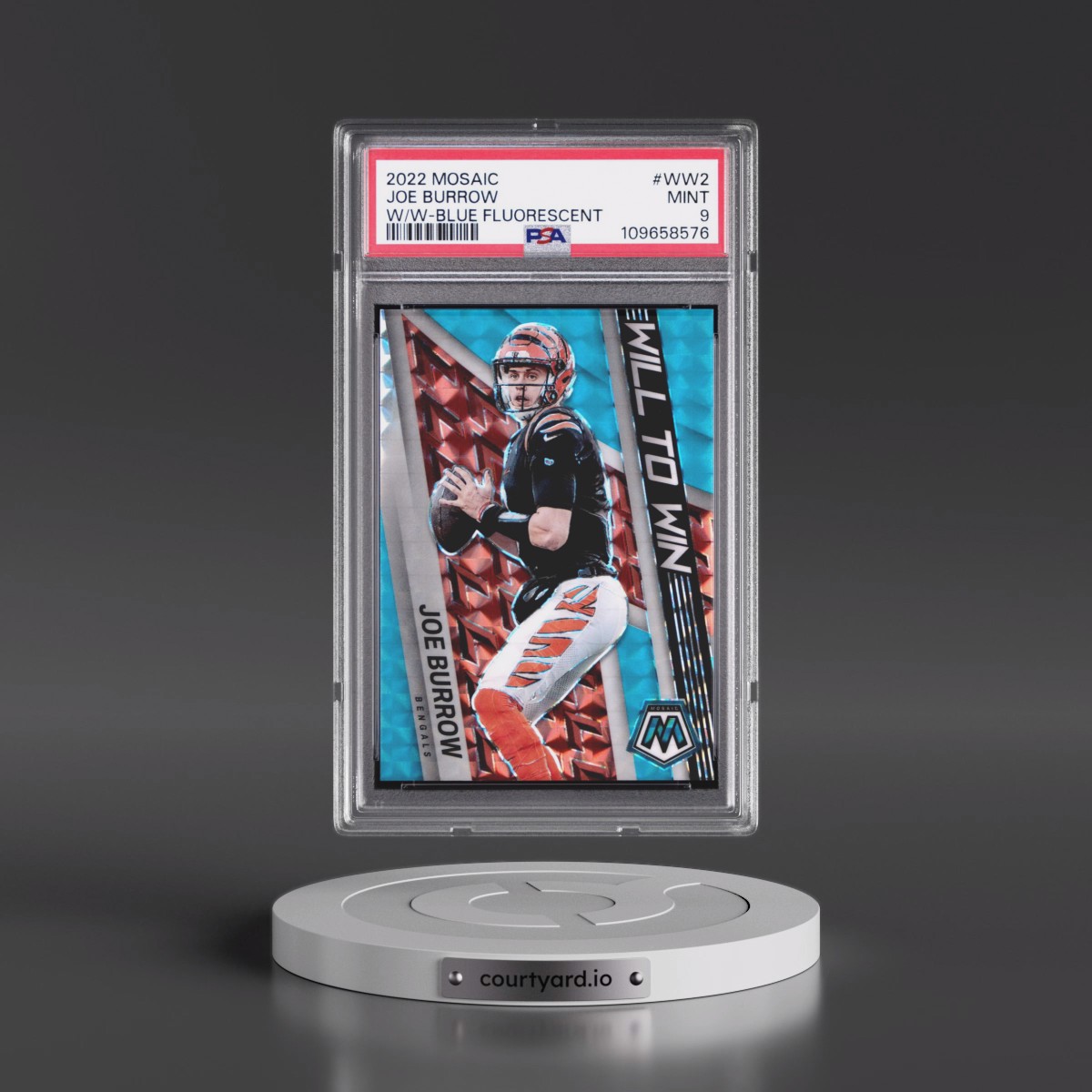 2022 Panini Mosaic Will to Win #WW2 Joe Burrow - Blue Fluorescent (PSA 9 MINT)