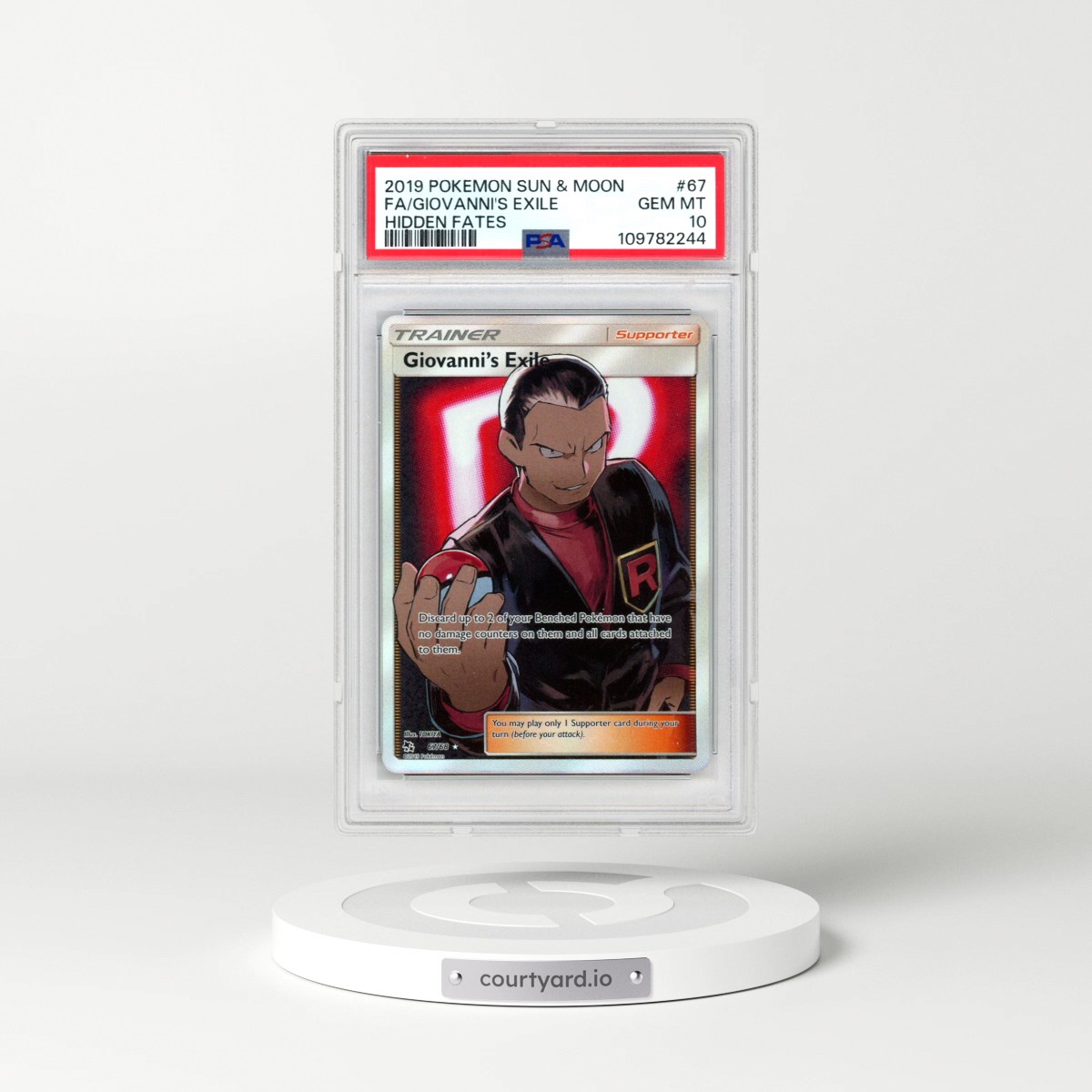 2019 Pokémon Sun & Moon Hidden Fates #67 Giovanni's Exile - Full Art (PSA 10 GEM MINT)