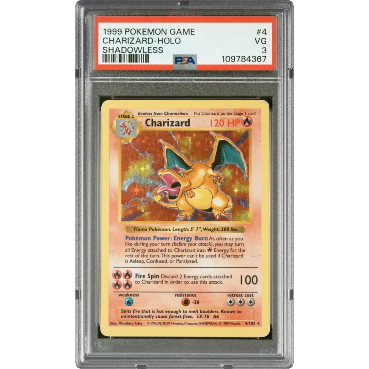 1999 Pokémon Game #4 Charizard - Holo Shadowless (PSA 3 VG)