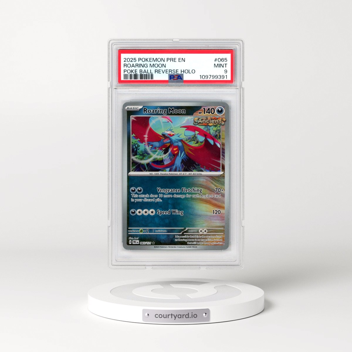 2025 Pokémon Pre EN-Prismatic Evolutions #065 Roaring Moon - Reverse Holo Poke Ball (PSA 9 MINT)