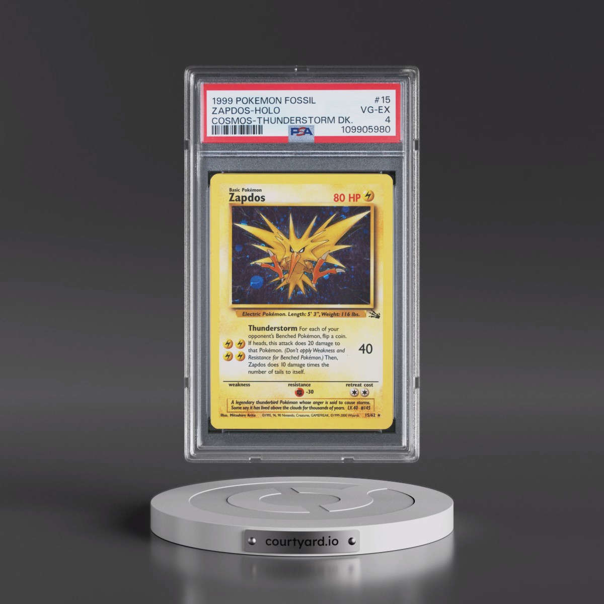 1999 Pokémon Fossil #15 Zapdos - Holo Cosmos-Thunderstorm Deck (PSA 4 VG-EX)