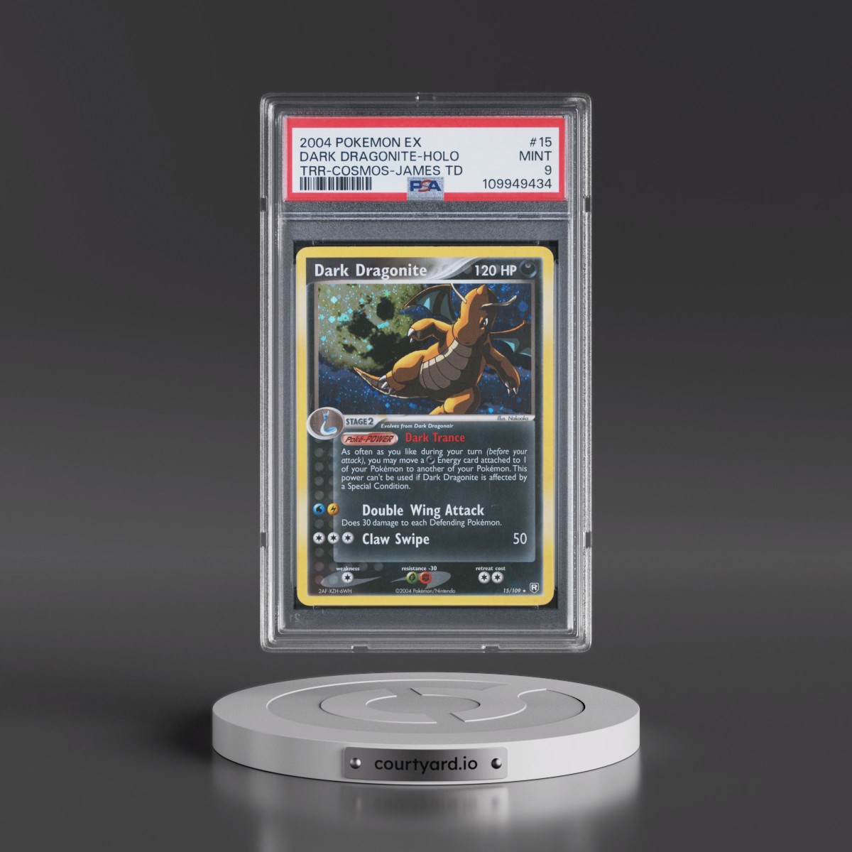 2004 Pokémon EX Team Rocket Returns #15 Dark Dragonite - Holo Cosmos-James Theme Deck (PSA 9 MINT)