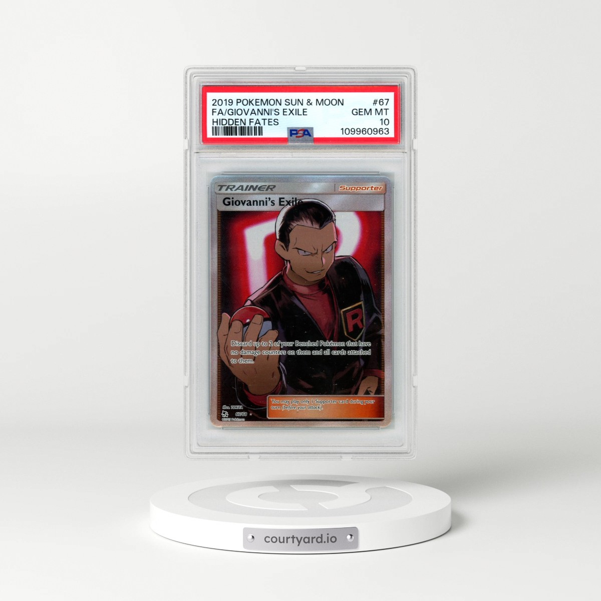 2019 Pokémon Sun & Moon Hidden Fates #67 Giovanni's Exile - Full Art (PSA 10 GEM MINT)