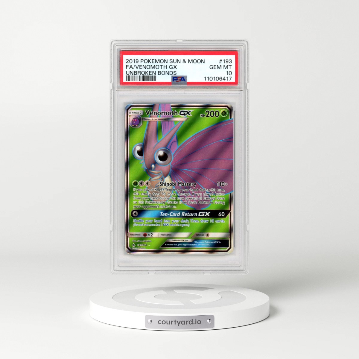 2019 Pokémon Sun & Moon Unbroken Bonds #193 Venomoth GX - Holo Full Art (PSA 10 GEM MINT)