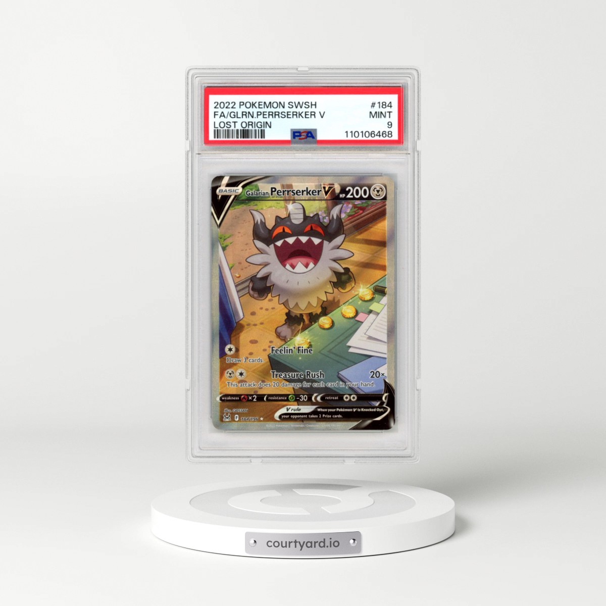 2022 Pokémon Sword & Shield Lost Origin #184 Galarian Perrserker V - Holo Full Art (PSA 9 MINT)