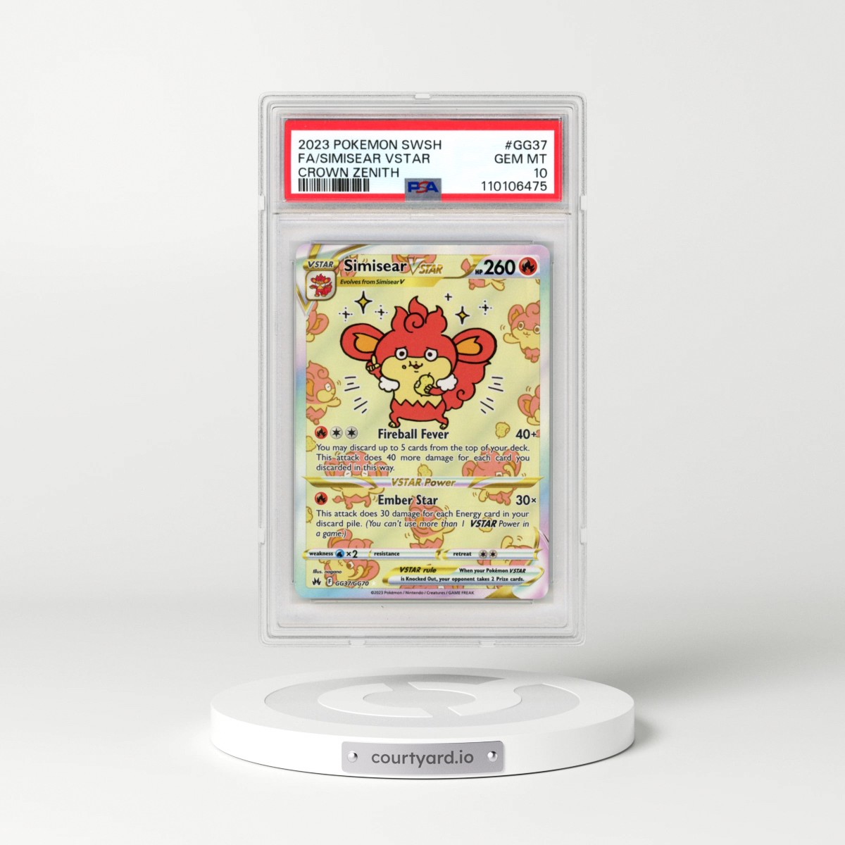 2023 Pokémon Sword and Shield Crown Zenith #GG37 Simisear Vstar - Full Art (PSA 10 GEM MINT)